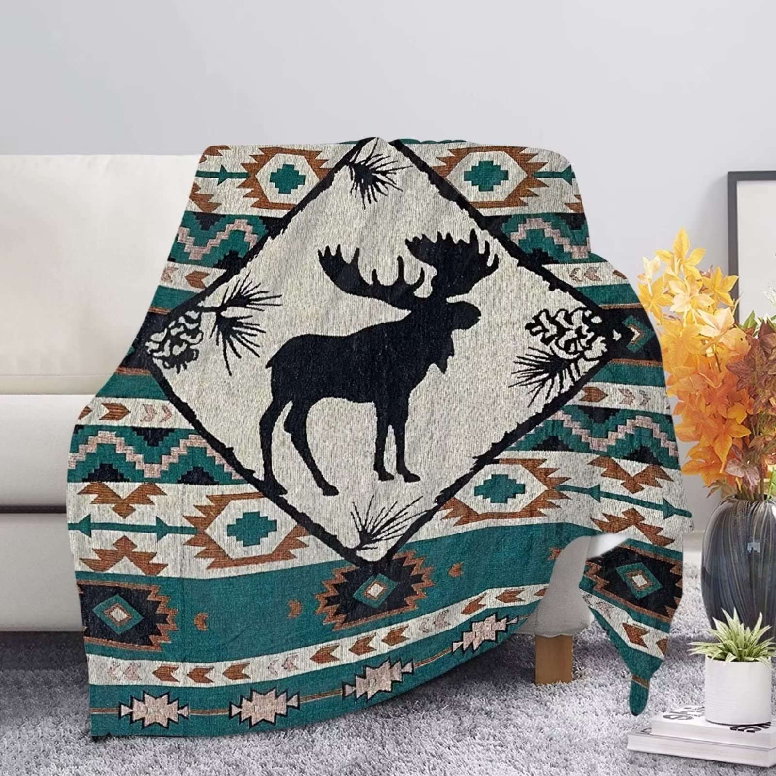 COEQINE Tribal Deer Print Throw Blankets for Girls Boys Kids Lightweight Warmth Soft Cozy Blanket Flannel Reversible Bed Fleece Cozy Blankets for Couch Living Room