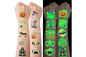 JCFIRE 96 Spooky Glow Temporary Tattoos for Kids, Halloween Party Favors | 96 unique pre-cut spooky tattoos; 8 sheets x 12; g