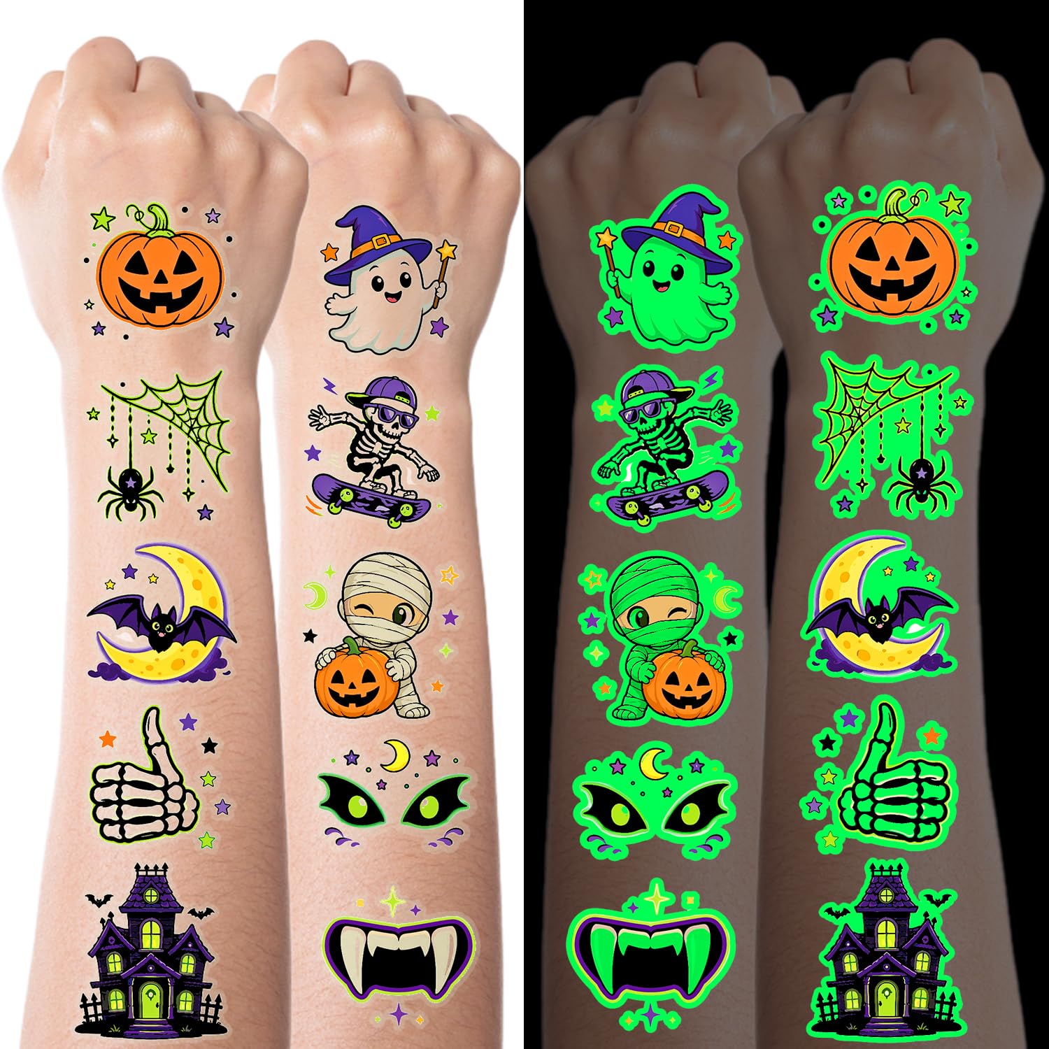 JCFIRE 96 Spooky Glow Temporary Tattoos for Kids, Halloween Party Favors | 96 unique pre-cut spooky tattoos; 8 sheets x 12; g