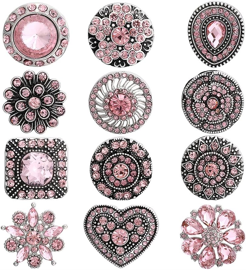 Soleebee 12pcs Alloy Rhinestones Same Color Snap Buttons Jewelry Charms (Pink 2)