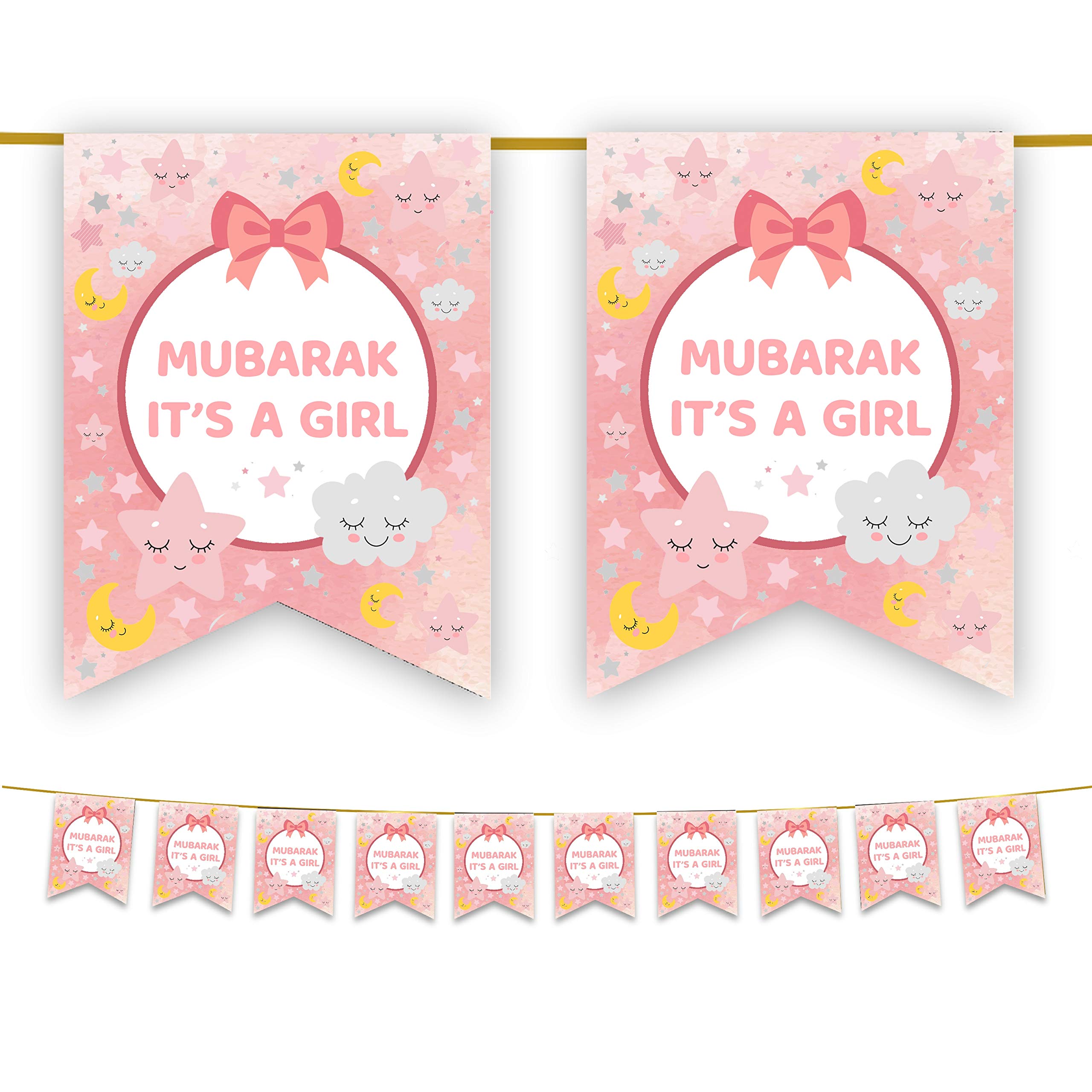 Al-Muallim Books Aqeeqah Aqiqah Mubarak Bunting Party Flags - Islamic Newborn Baby Decorations (10 Flags) (Mubarak Girl Bunting)