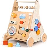 KizKnows Wooden Baby Walker, Montessori Activity Center Adjustable Speed Baby Push Walker with Blocks & Shape Sorter, Learning Toy for Toddlers 1 2 3 Year Olds