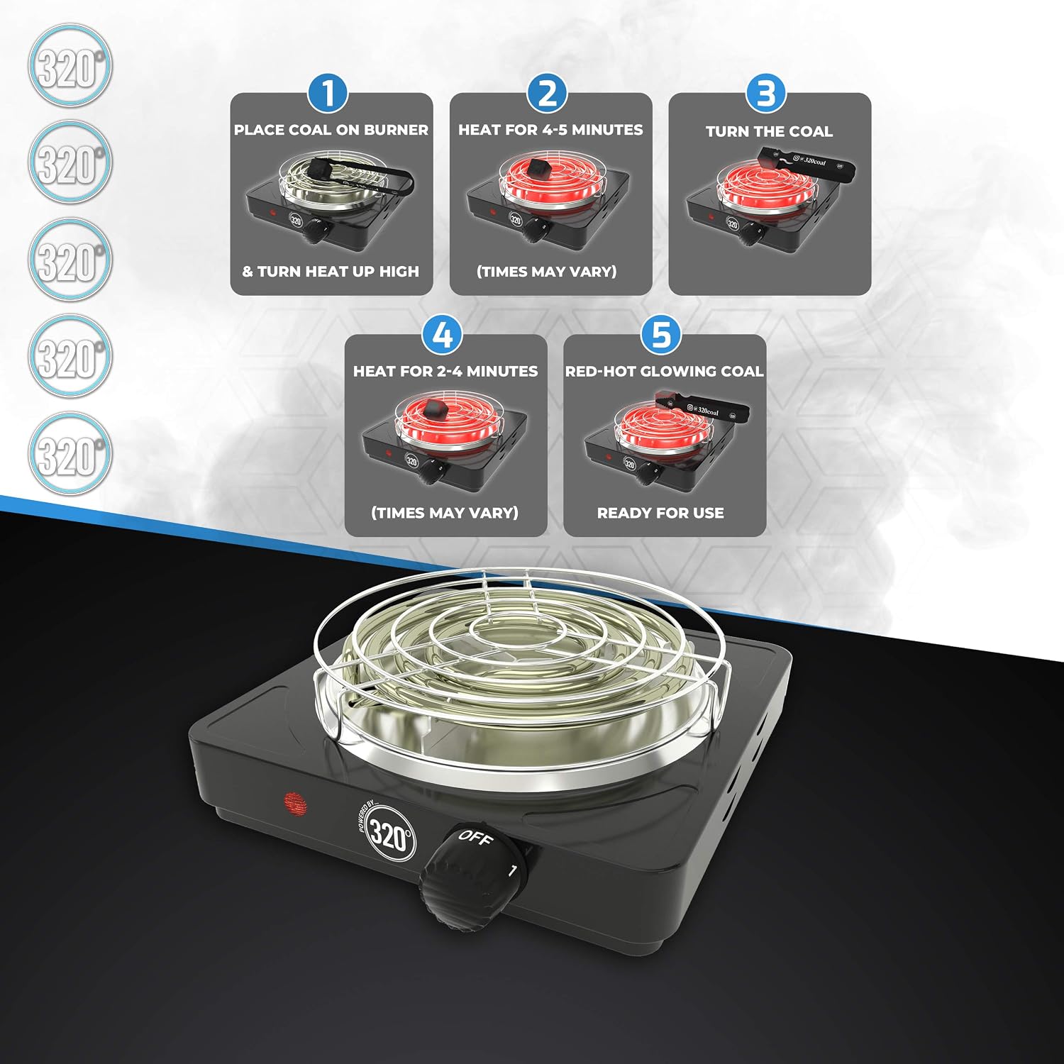 320º Electric Charcoal Burner for Coconut Coal Coil Stove - FULL WARRANTY - Includes Grid & Tongs - 1.4m extra long braided cable - Image 4