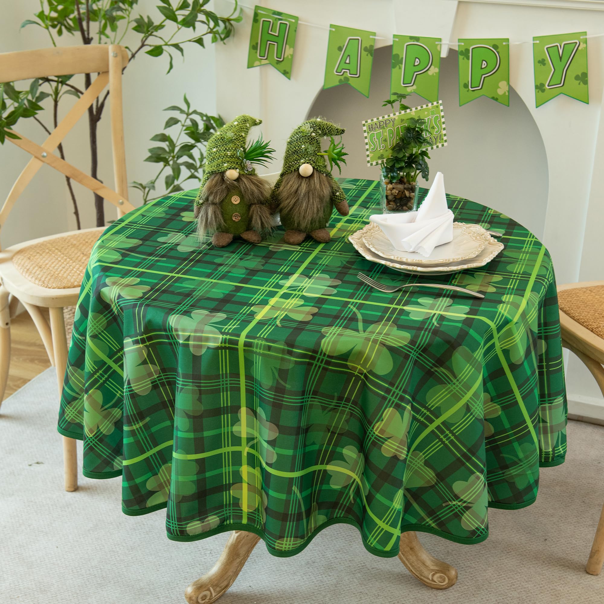 Photo 1 of LOSIVISHE St. Patrick's Day Waterproof Tablecloth – Rectangular Table Cloth Shamrock Print, Stain Resistant, Perfect Table Cover for Dining & Kitchen Decor, 60 inch Round