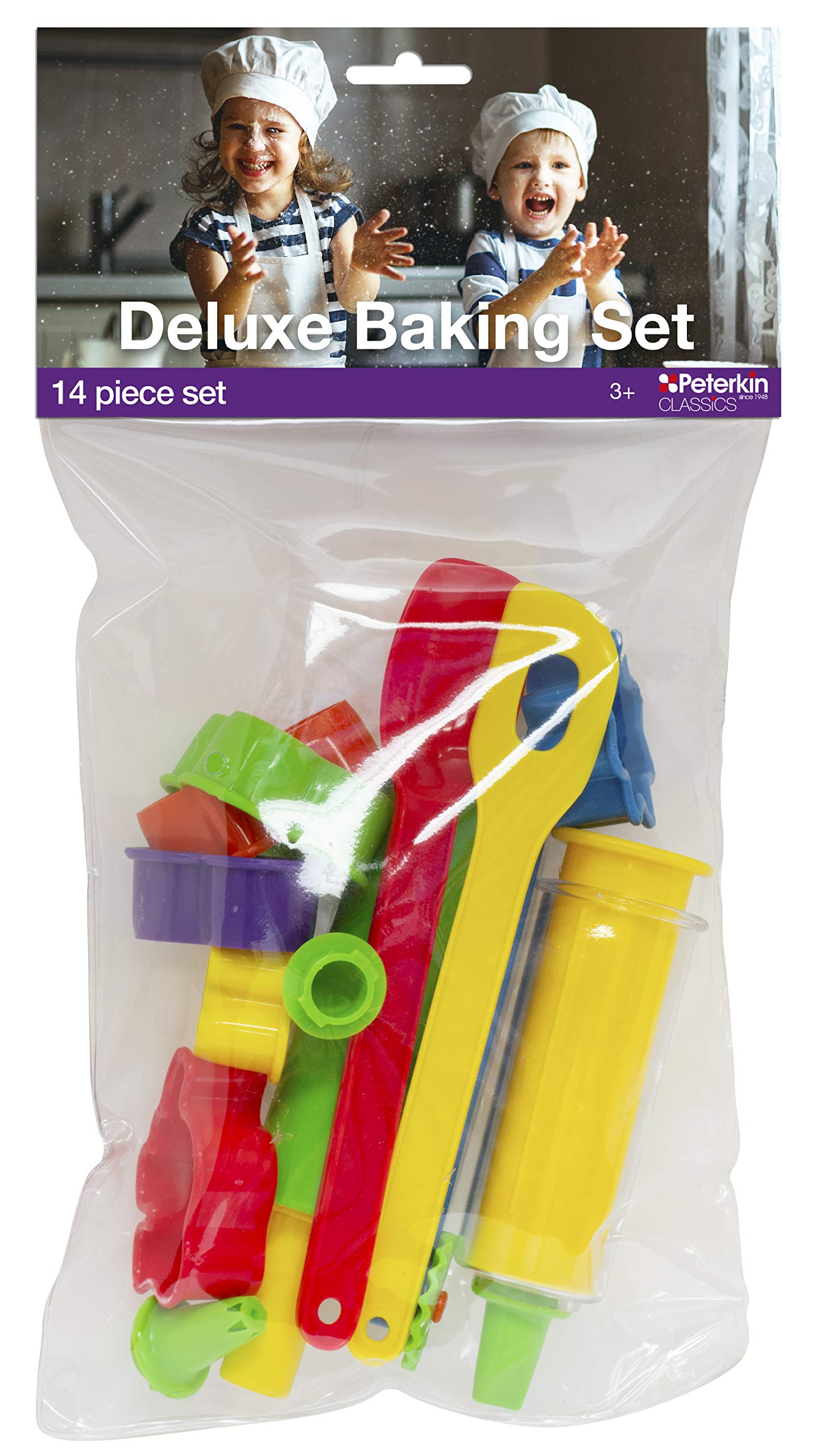 PETERKIN CLASSICS | Deluxe Baking Set Toy | 14 Piece Children's Baking Set | Includes brightly coloured cutters, rollers and utensils | Roleplay Toys | Cooking & Baking Toys | Ages 3+