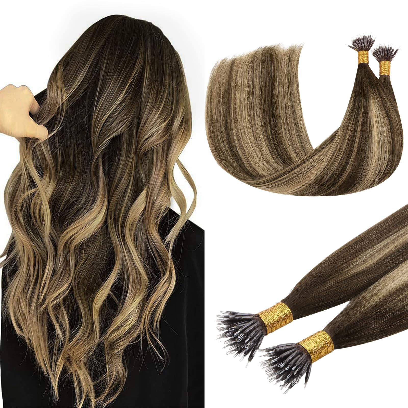 DOORES Nano Beads Hair Extensions, 14 Inch 50g 100s Chocolate Brown to Caramel Blonde, Natural Invisible Nano Ring Hair Extensions Cold Fusion โ image 1