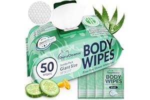 DURA CLEANSE Body Wipes for Women, Extra Moist No Rinse Bathing – 50 XL Shower Cloths + 4 Travel Bath Sheets, 10" x 11.5" Disposable Washcloths for Women’s Hygiene and Post Workout Cleanup