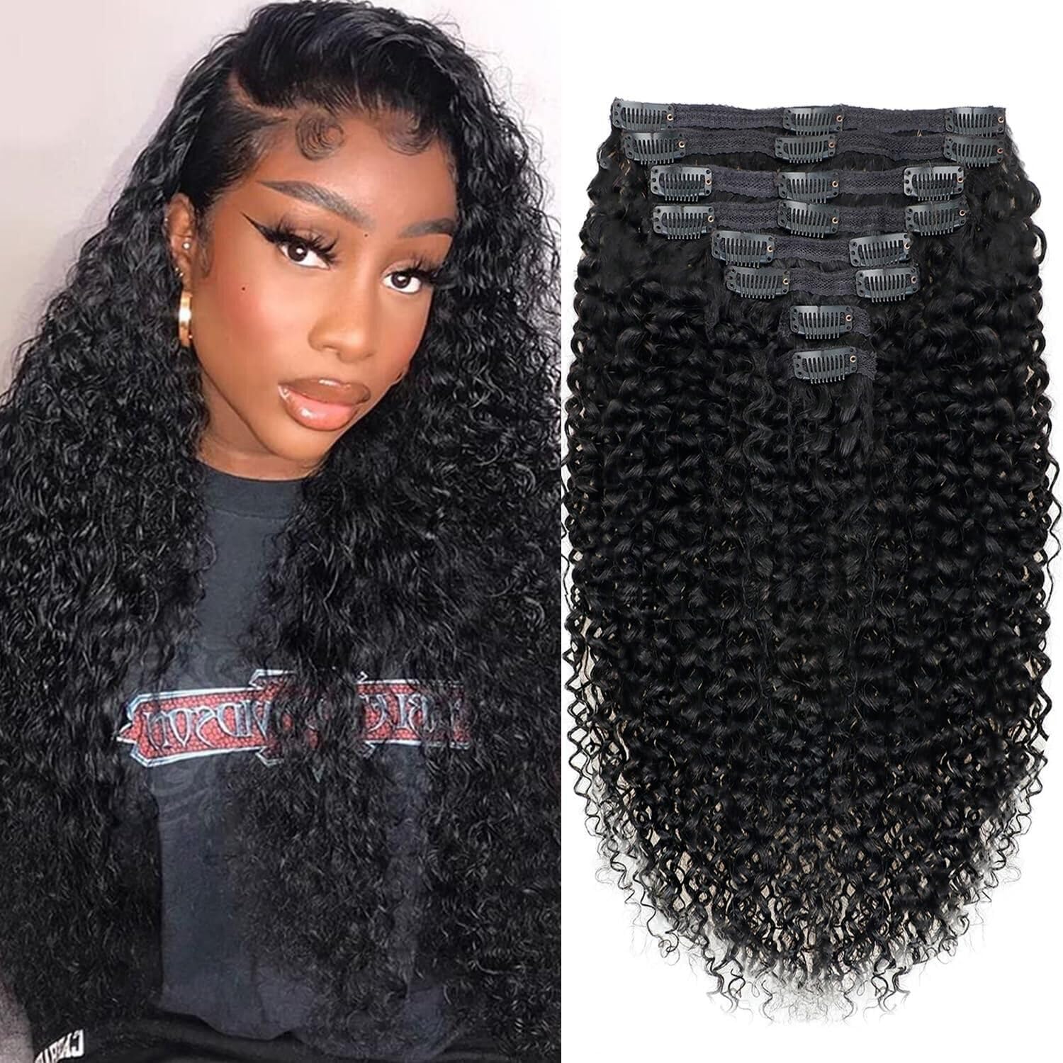Datanala Brazilian Virgin Kinky Curly Clip in Hair Extensions 8Pcs/lot 120g With 18 Clips Kinky Curly Clip in Hair Extension Real Human Hair Natural Black Color For Black Women (22Inch)