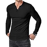 JMIERR Mens Fashion Muscle Henley Shirt V Neck Long Sleeve Slim Fitted Casual Curved Hem Athletic Gym Workout Shirts