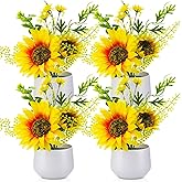 Zeyune 4 Pieces Artificial Sunflower Potted Plants for Yellow Kitchen Decor Sunflower Centerpieces for Tables Mason Jar Artificial Flowers in Plastic Pot for Bathroom Wedding Office (Classic)