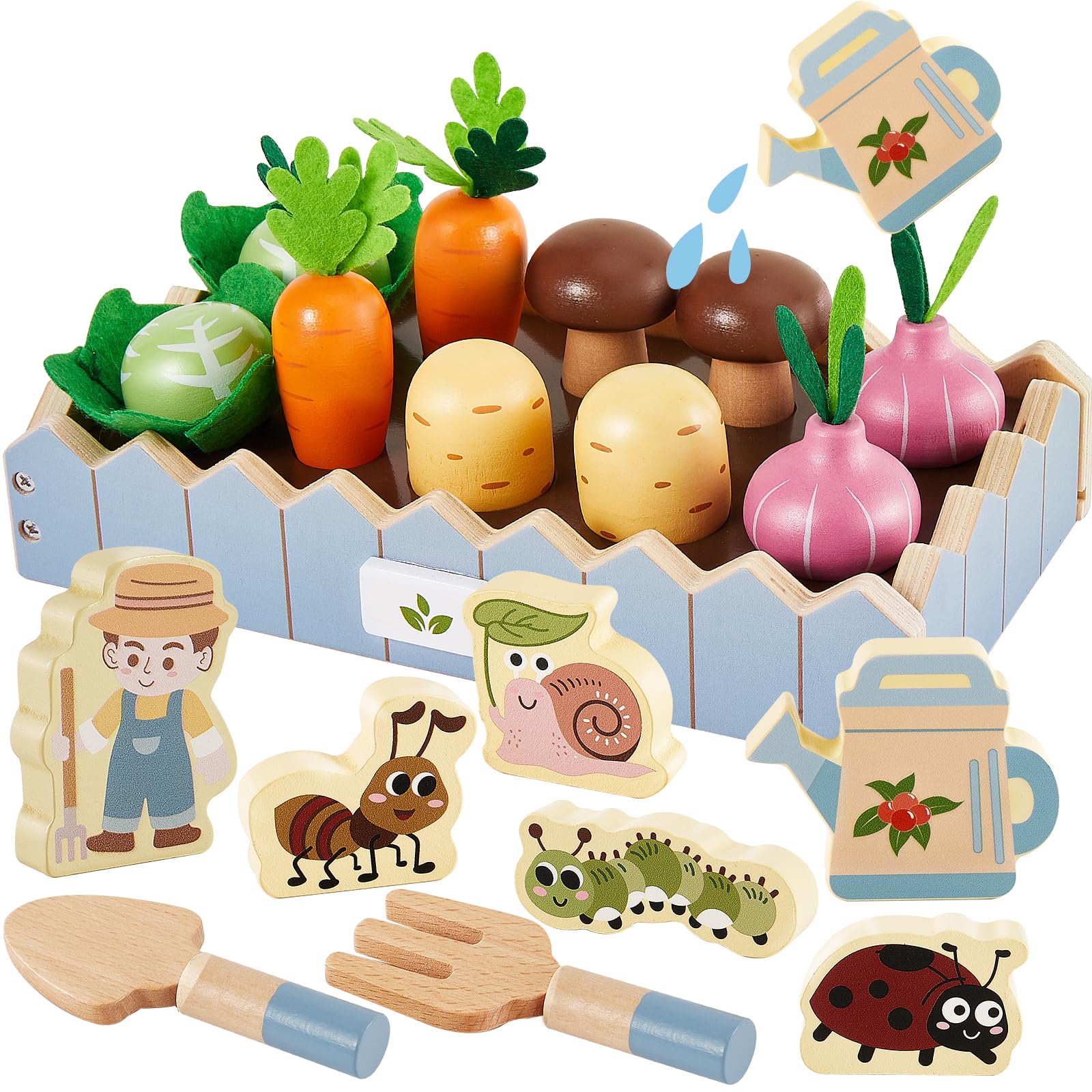 HERSITY Wooden Play Food Toys Carrot Harvest Game, Vegetable Growing Wooden Toys Kids, Pretend Play Toddler Gardening Montessori Gifts for 3 4 5 Year Old Girl Boy Educational, Blue