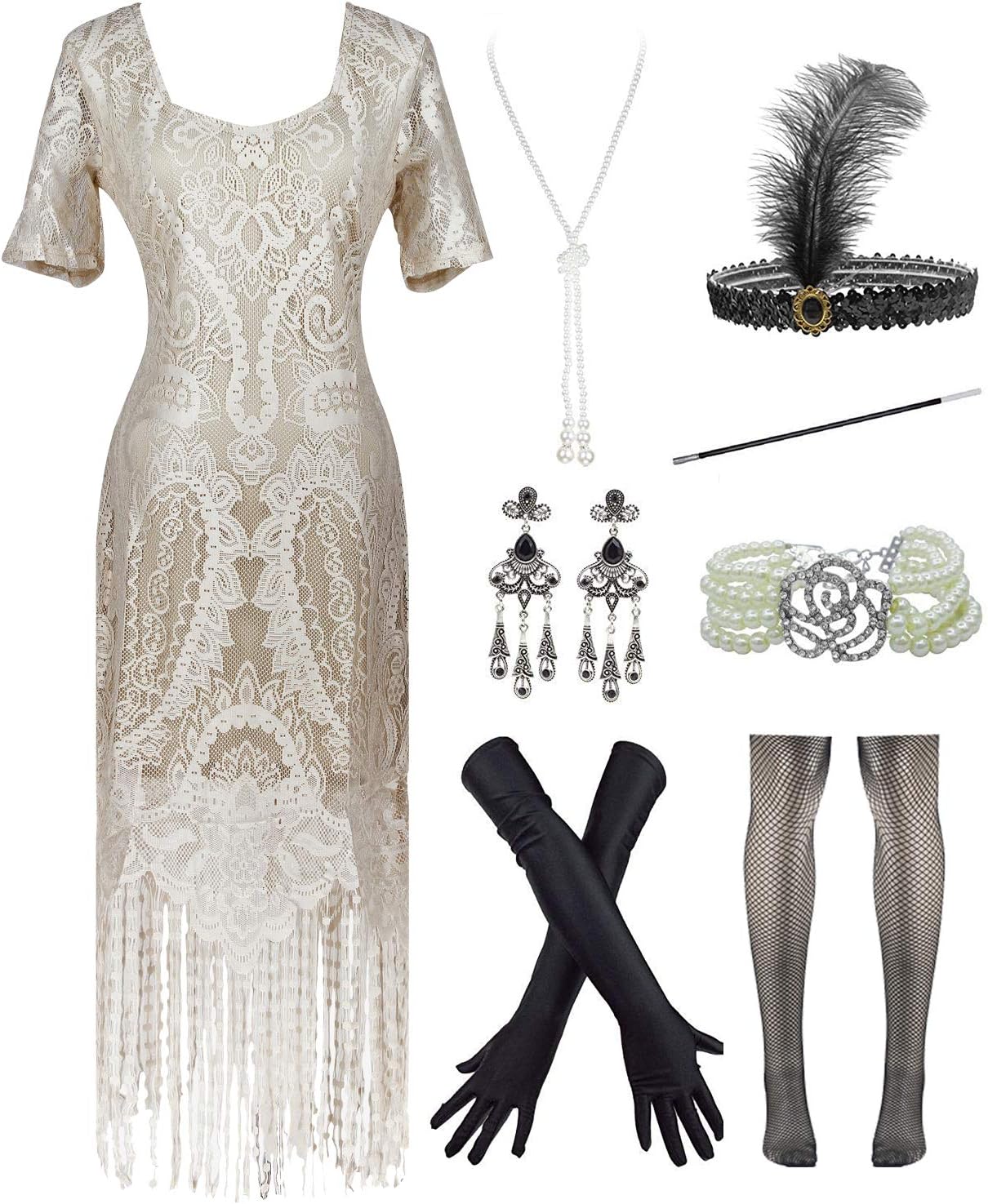 Womens Vintage Lace Fringed Gatsby 1920s Cocktail Dress with 20s Accessories Set