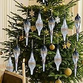 Seematn 6 Pcs Large Mercury Glass Finial Christmas Ornament Glass Iridescent Jewel Finial Ornaments Christmas Tree Drop Ball Hanging Decorations for Xmas Holiday Wedding Home Indoor