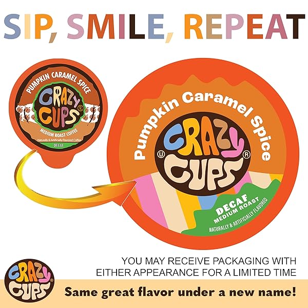CRAZY CUPS DECAF FLAVORED RECYCLABLE SINGLE SERVE DECAFFEINATED PUMPKIN CARAMEL SPICE COFFEE PODS FOR KEURIG K CUPS MACHINES, BREW HOT OR AS ICED, 22 COUNT (PACK OF 1)
