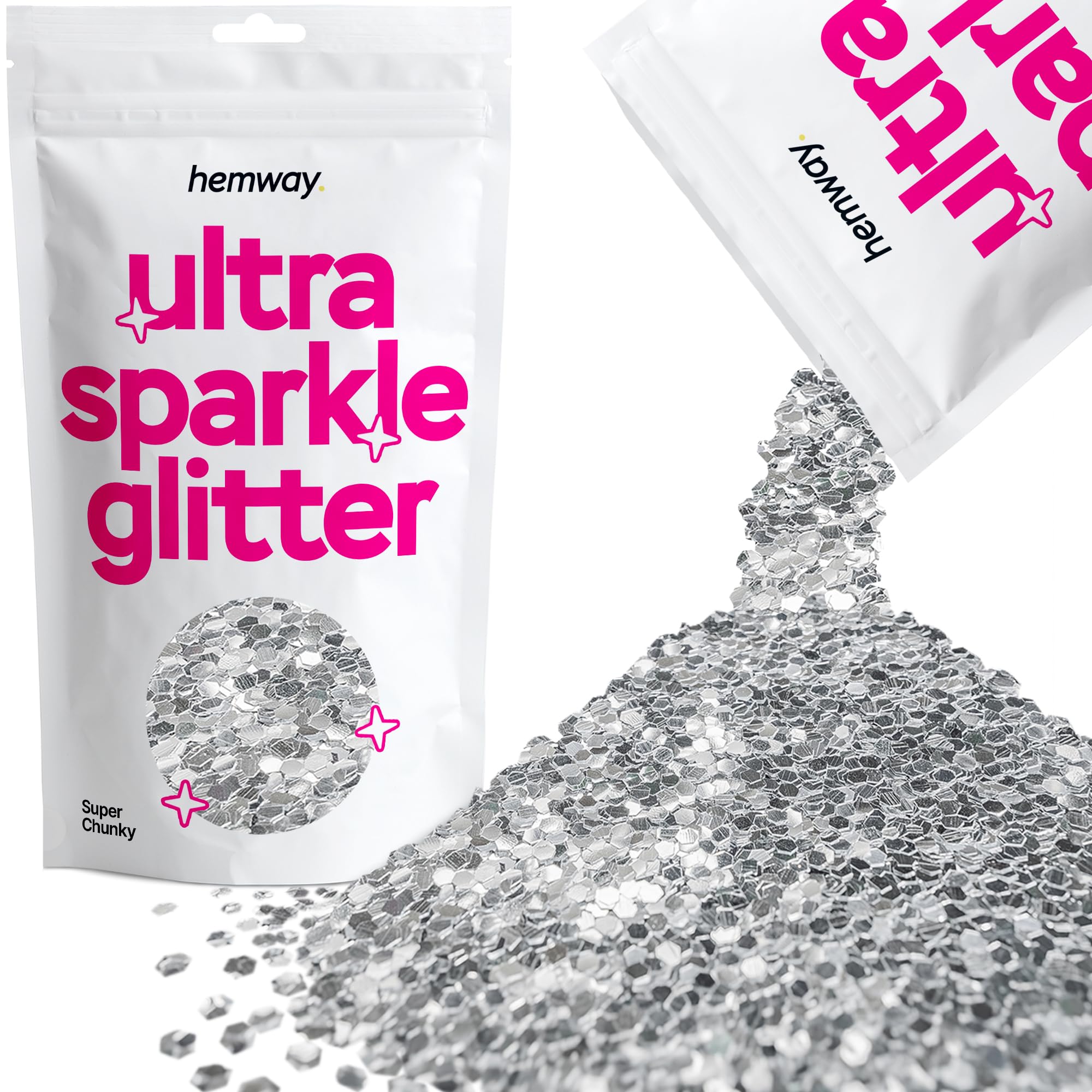 Hemway Ultra Sparkle Glitter Silver 100g Super Chunky | Glitter for Arts & Craft, Makeup, Nail Art, Crafting, Card Making, Sparkle Decoration
