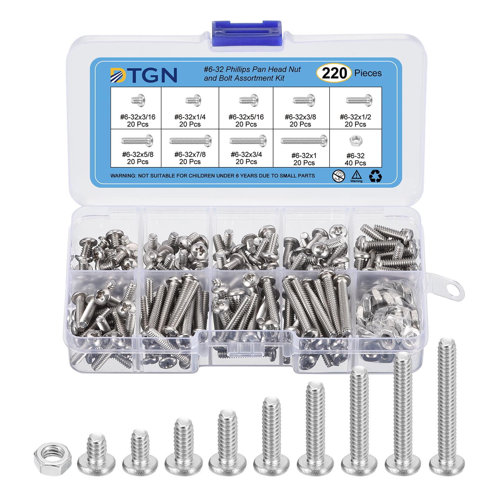 DTGN 220Pcs Machine Screws Assortment Kit, #6-32 Phillips Pan Head Nut and Bolt Assortment Kit, 304 Stainless Steel, Phillips Drive Pan Head Bolt Assortment