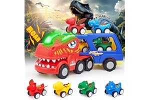 TCTHBC Dinosaur Truck Toys for Kids 3-5, Dinosaur Truck Carrier with Flashing Lights Music and Roar Sound, 5 in 1 Dinosaur Vehicle Trucks Toys with 4 Pack Small Pull Back Dino Cars