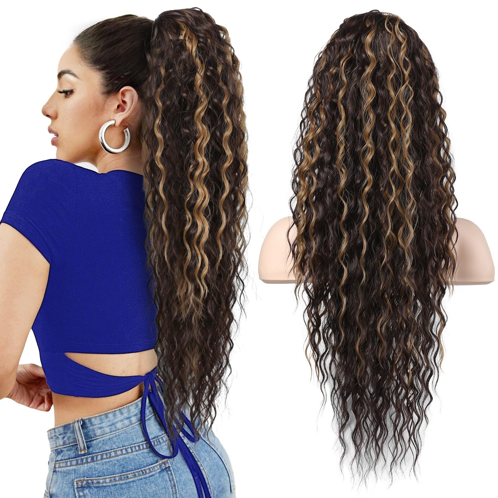 FLUFYMOOZ Ponytail Extension, 26 Inch Bohemian Style Drawstring Ponytail Hair Extensions for Women, Natural Synthetic Hairpiece for Women (26 Inch Chocolate Brown with Blonde Highlights)