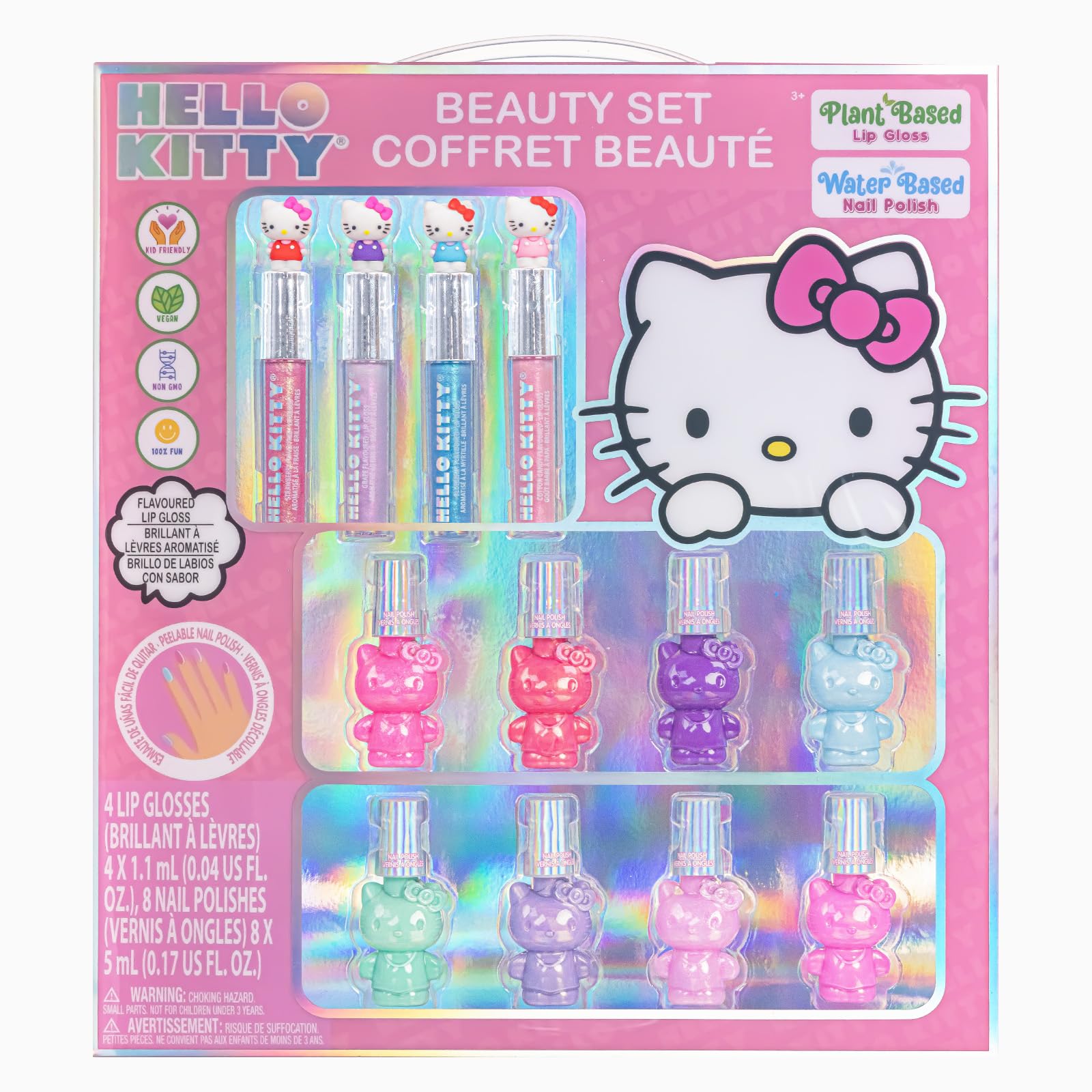 Hello Kitty Nail Polish and Lip Gloss Kids Makeup Set for Girls, Birthday Gift Parties, Sleepovers & Makeovers for Age 3+, by Townley Girl