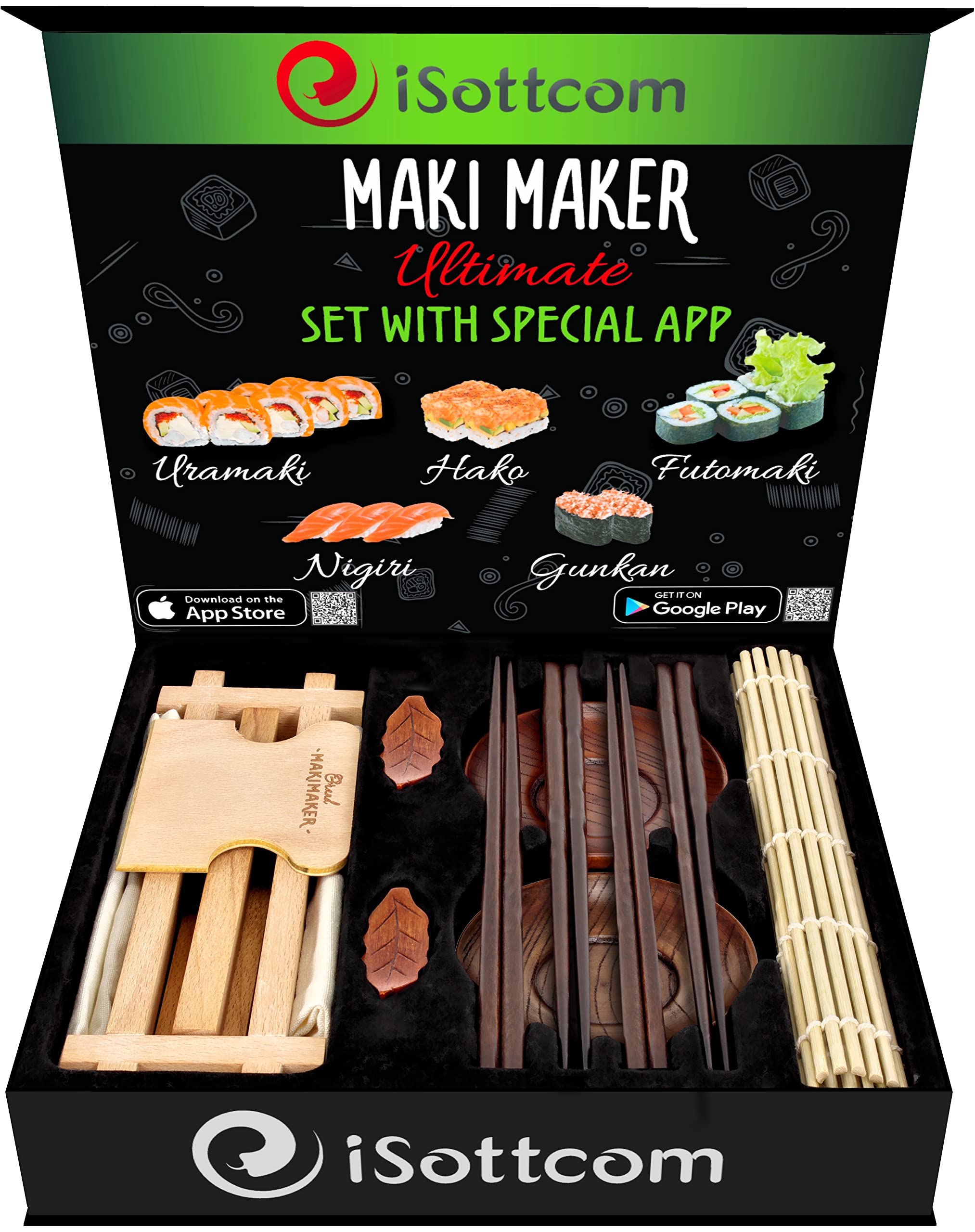iSottcom Sushi Making Kit - Premium Sushi Set, Soy Sauce Mixing Bowls, Chopsticks with Holders, Bamboo Mat - Sushi Rolling Kit for Home - Sushi Roller Mobile App Sushi Maker Kit in Amazing Gift Box
