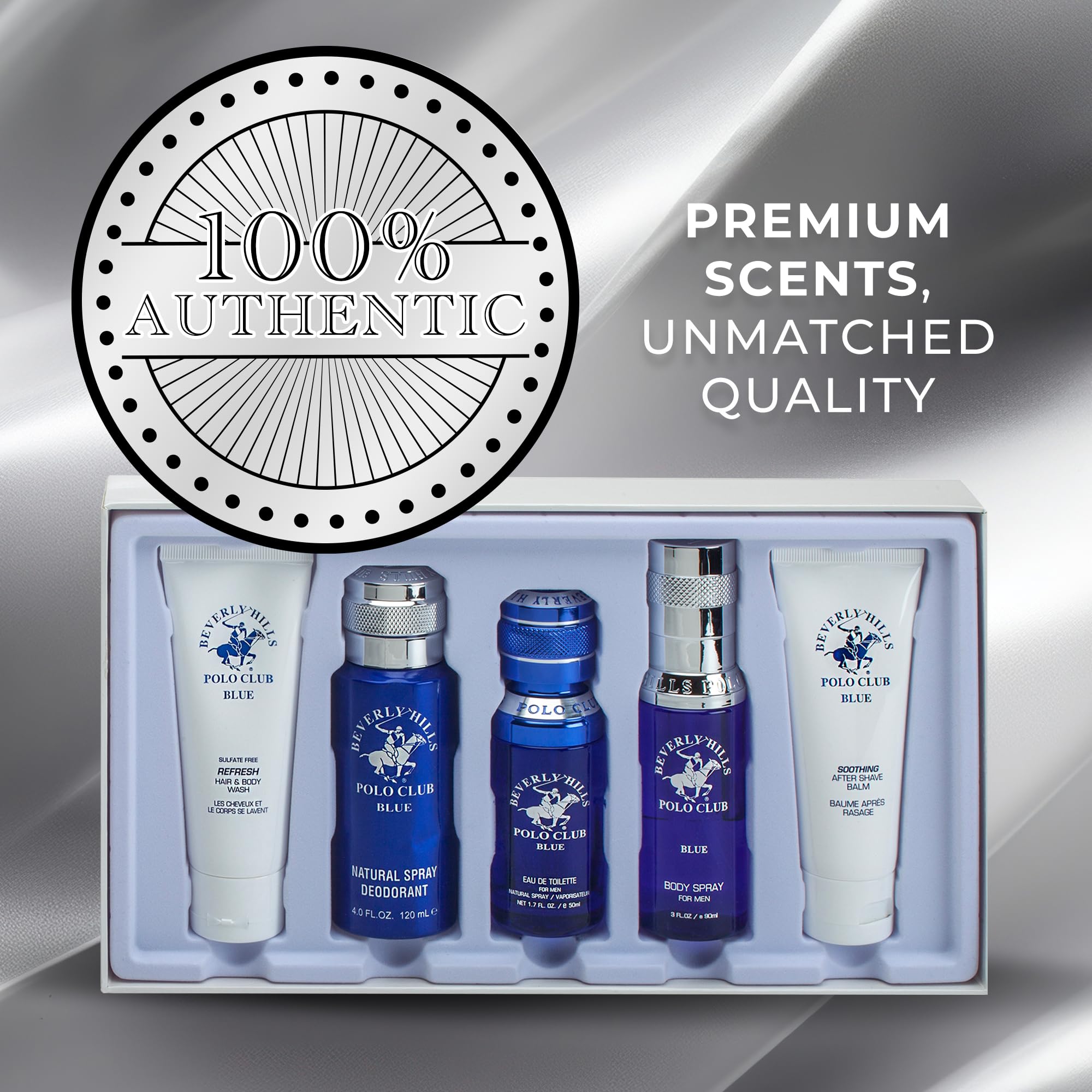 Beverly Hills Polo Club BHPC Cologne 5 Piece Gift Set for Men | Eau de Toillete, Deodorant, Shower Gel, Body Wash, Body Spray Fragrances (Blue)