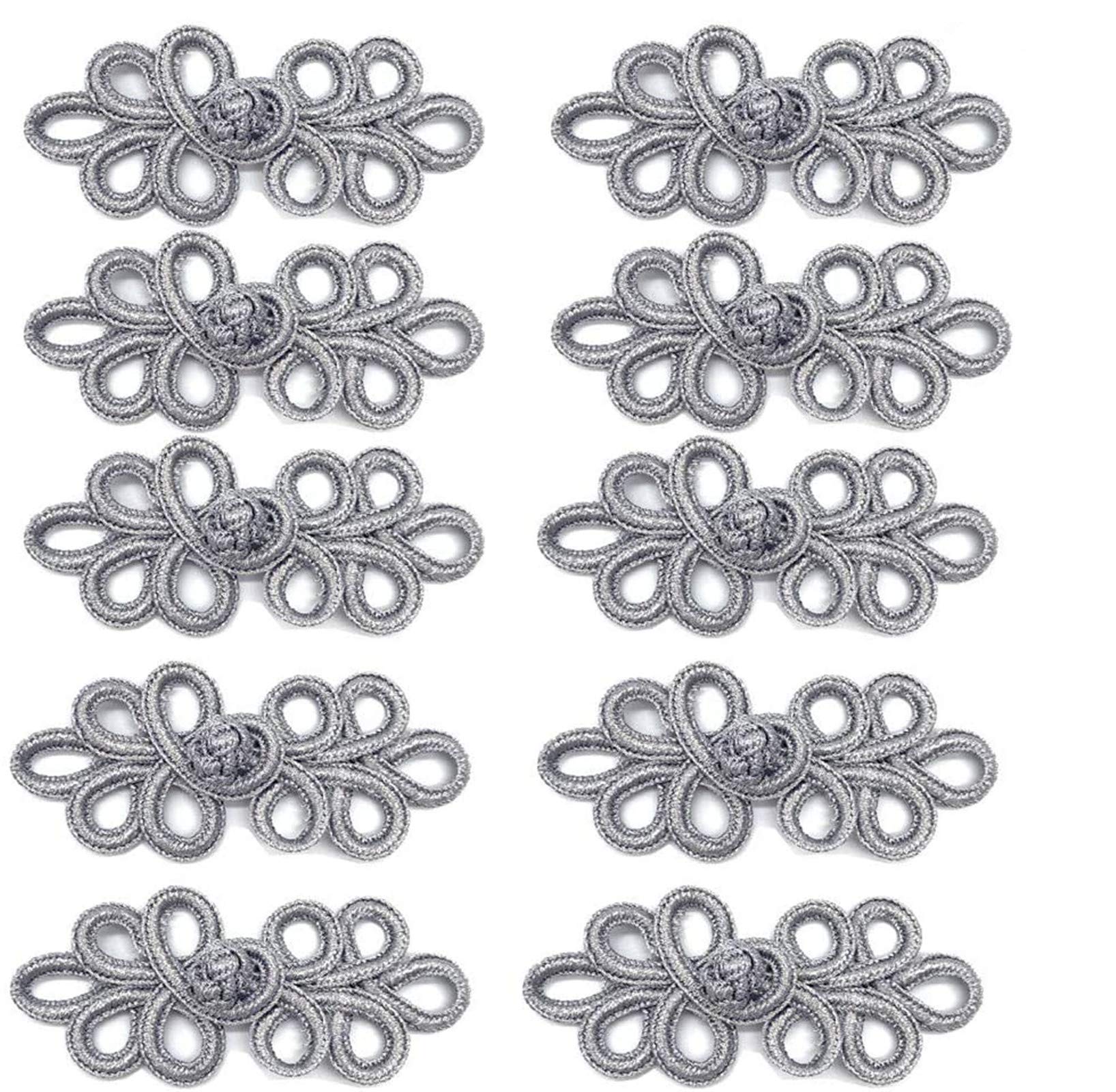 EvaGO 10 Pairs Chinese Frog Buttons for Sweater, Cape, Coat, Scarf, Cardigan and Costume, Sewing - Silver