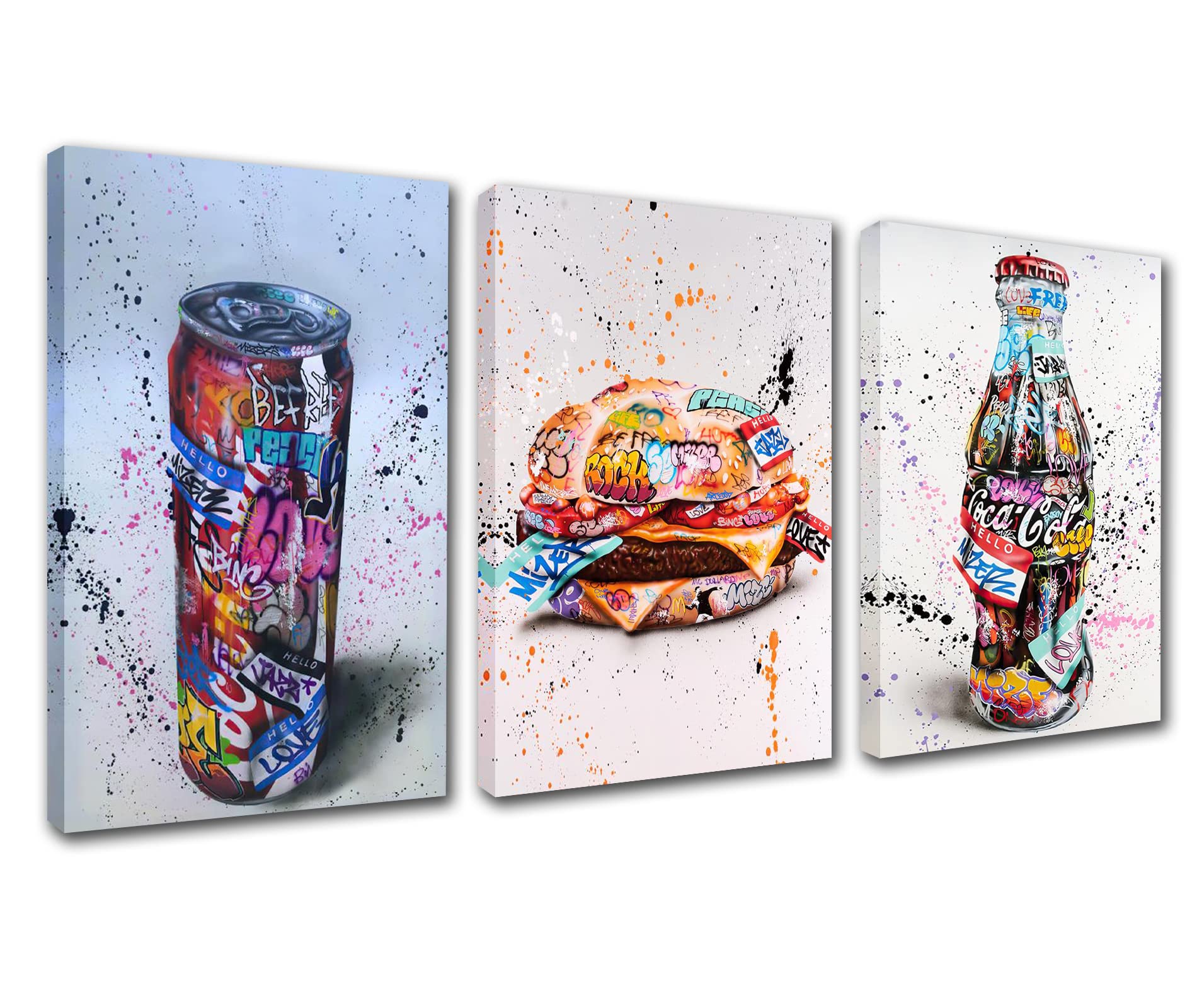 Native Home Decor Banksy Graffiti Street Art Pictures Cola Bottle Paintings Hamburger Artwork 3 Panels Canvas Wall Art Living Room Home Modern Decor Framed Giclee Ready to Hang(42''W x 20''H)