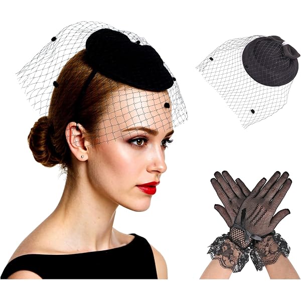 thumbnail image 2 of CIATBYYJ Black Vintage Fascinator Hat With Veil & Lace Gloves Set – Adjustable Veil, 3D Mesh, For Tea Party, Wedding, Funeral 2 of 10