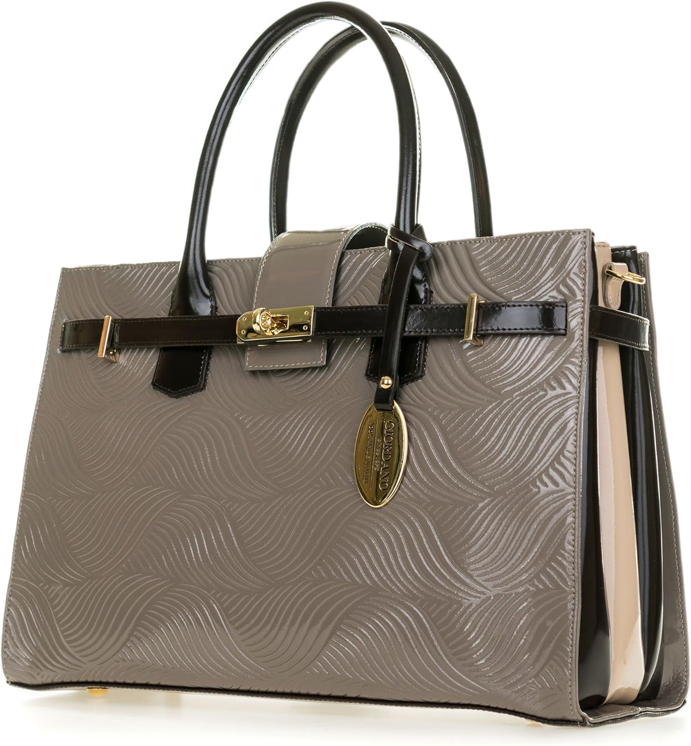 taupe patent leather handbag