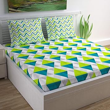 Divine Casa 100% Cotton Geometric Print Mix N Match Bedsheet for Double Bed (Lime, Teal and