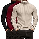 Locoowai 3 Pack Men's Ribbed Turtleneck Shirts, Long Sleeve Mock Neck Lightweight Pullover Sweaters Knit Base Layer Tee Tops