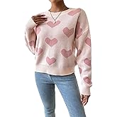 Verdusa Women's Cute Heart Print Pullover Sweaters Drop Shoulder Going Out Knit Tops