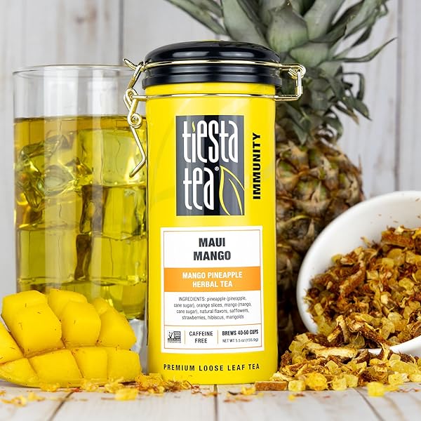 TIESTA TEA MAUI MANGO | LOOSE LEAF | MANGO PINEAPPLE HERBAL TEA | PREMIUM NON-CAFFEINATED FRUIT BLEND | MAKES HOT OR ICED & BREWS UP TO 50 CUPS | 5.5 OUNCE REFILLABLE TIN