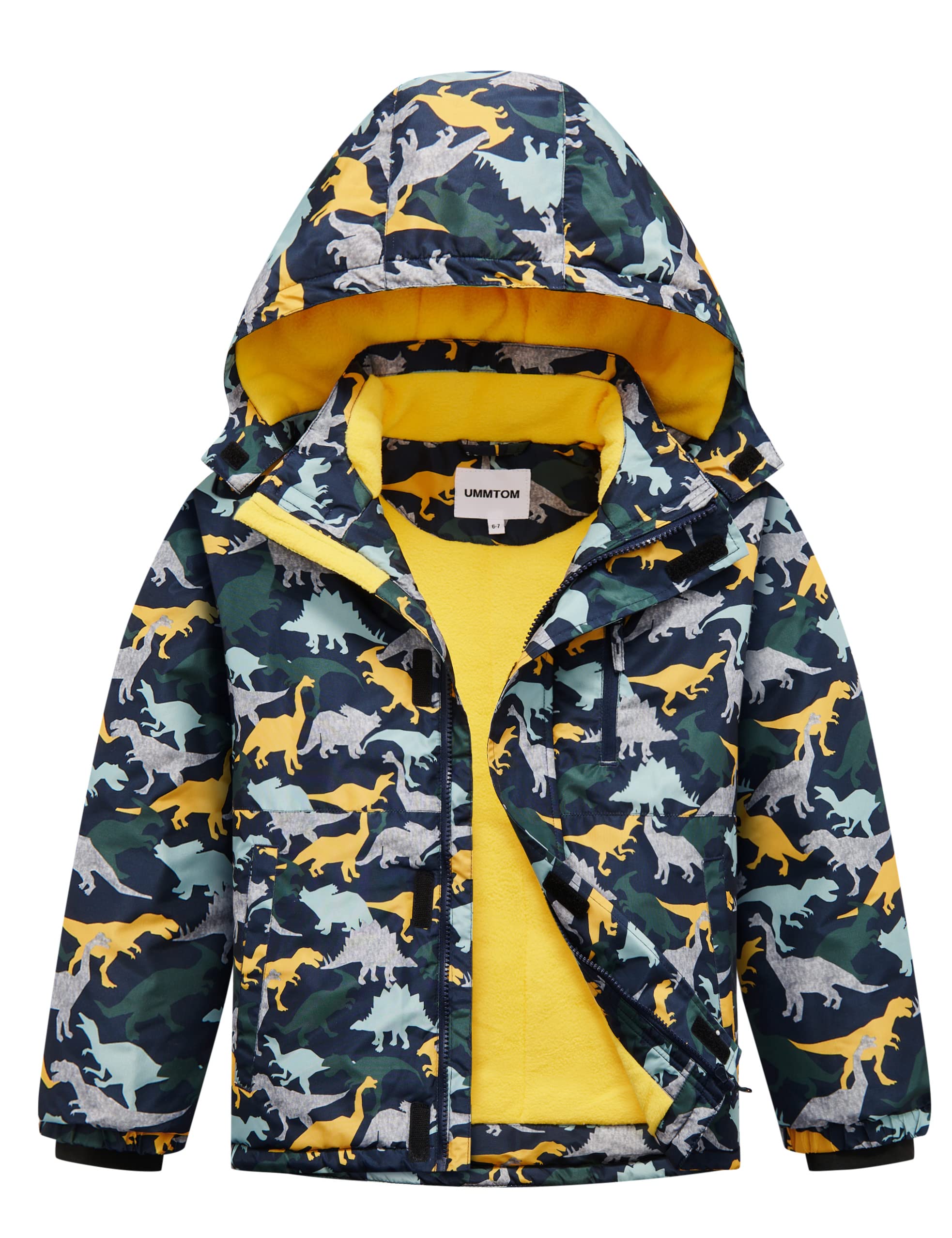 UMMTOM Boys Waterproof Ski Jacket Fleece Lined Warm Winter Snow Coat Hooded Winter Jacket for Kids(Yellow Dinosaur,3-4) Image