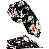 ZENXUS Mens Casual Skinny Floral Tie Combo Set with Flower Pocket Square 2½" Cotton Necktie Hand Made