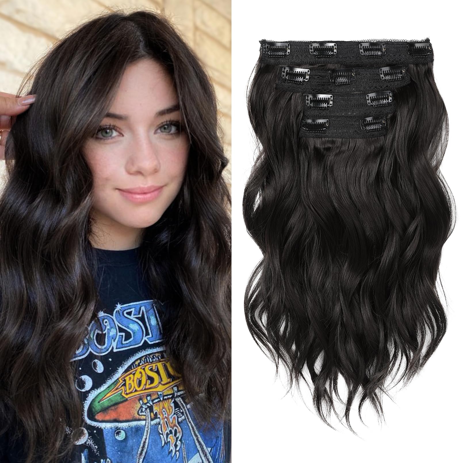 Photo 1 of REECHO Clip in Hair Extensions - 4PCS 14" Short Beach Wavy Hairpieces, Invisible Lace Weft, Natural Soft Hair for Women (Black Brown)