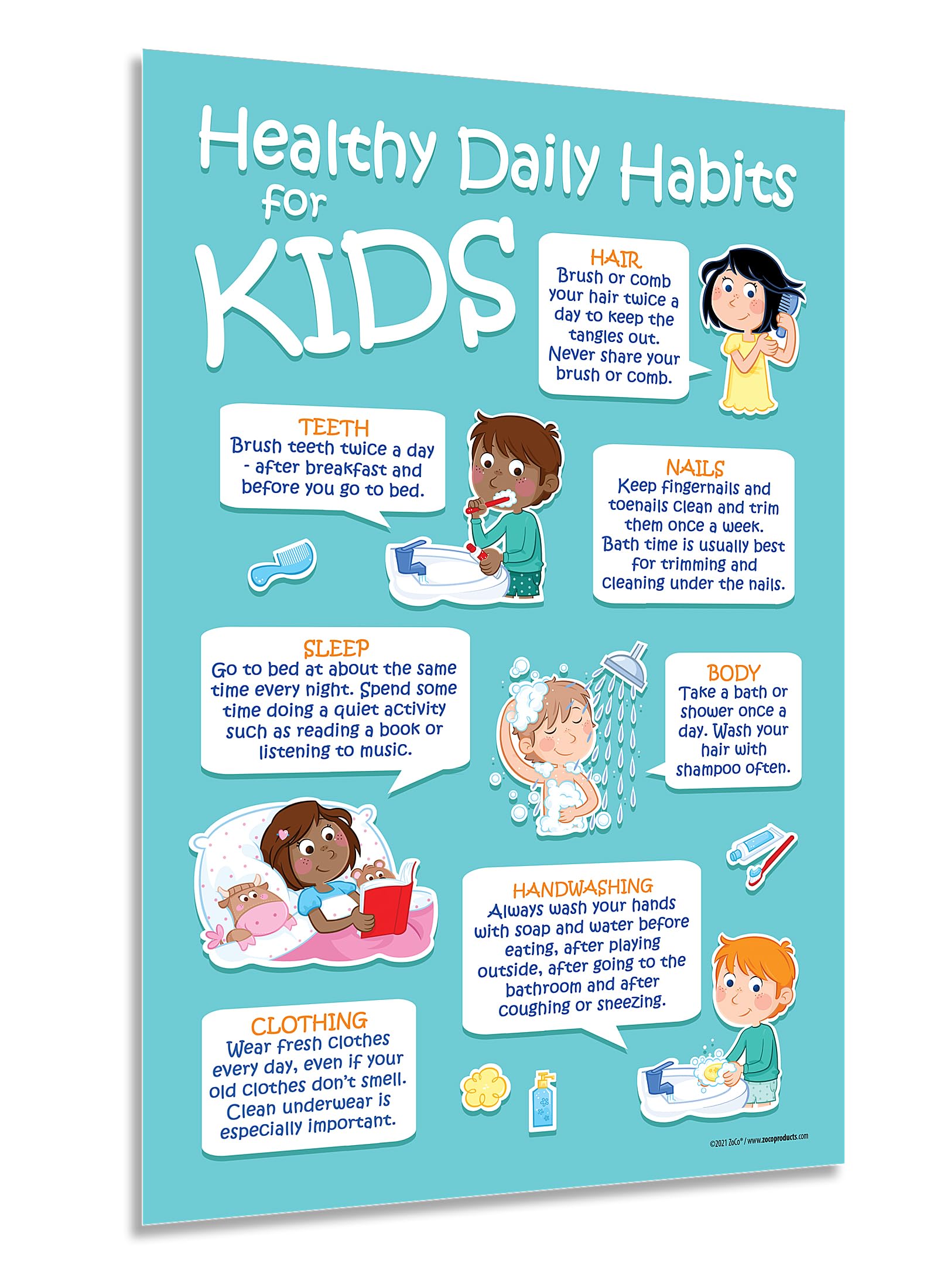 Safety Magnets ZOCO – 7 Healthy Daily Habits Poster for Kids – Laminated 12x18 – Hygiene Chart for Preschool Elementary School Nurse Office – Pediatric Health Decor for Classrooms Daycares Bathrooms