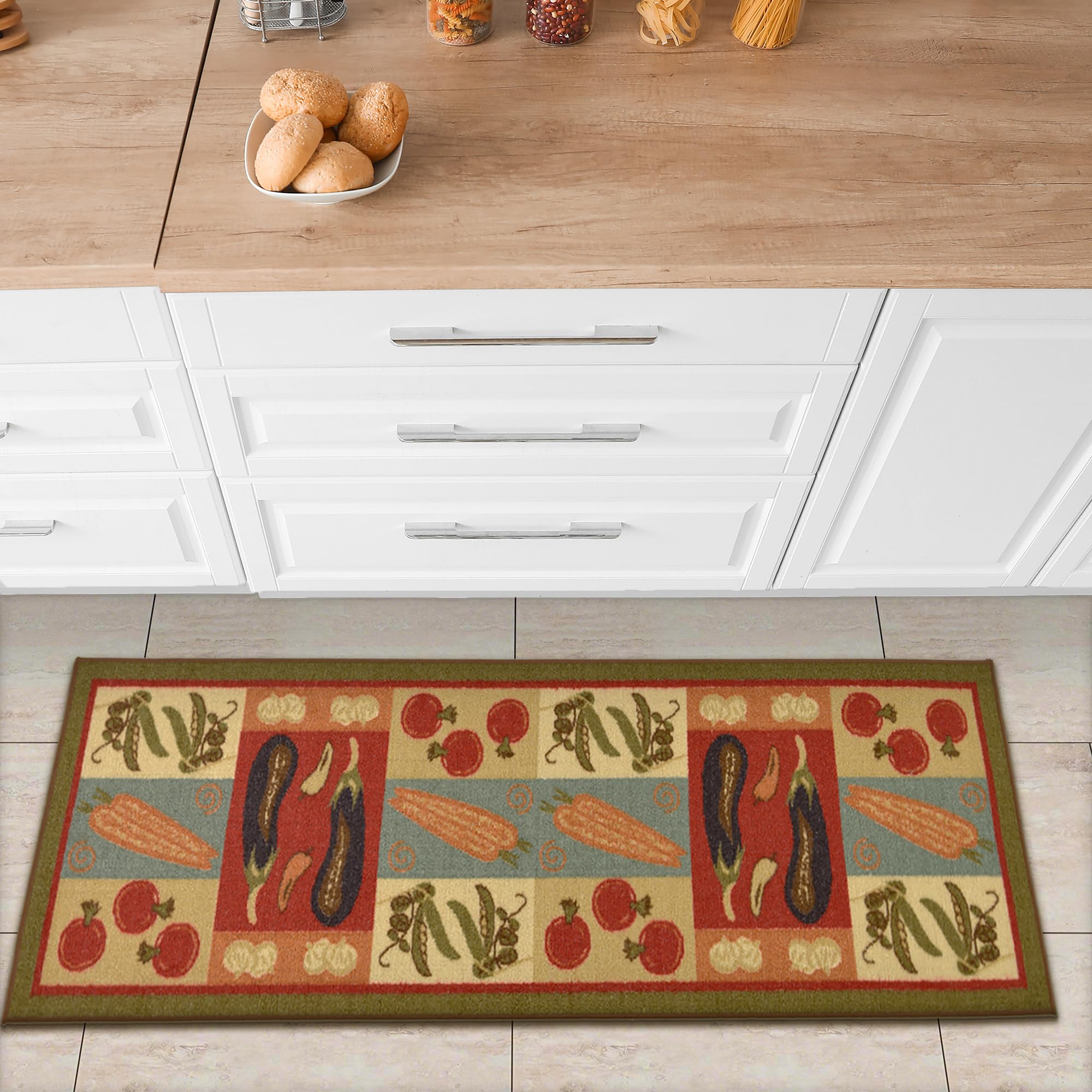 Ottomanson Sara's Kitchen Dark Olive Green Vegetables Design Mat Runner Rug with Rubber Backing, 50 cm x 150 cm, Olive Green โ image 1