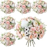 Tigeen 6 Bundles Artificial Bouquet Flowers Artificial Peonies Faux Roses Hydrangea Flowers Bouquet for Wedding Table Centerpiece Floral Vase Decor (White,Pink)