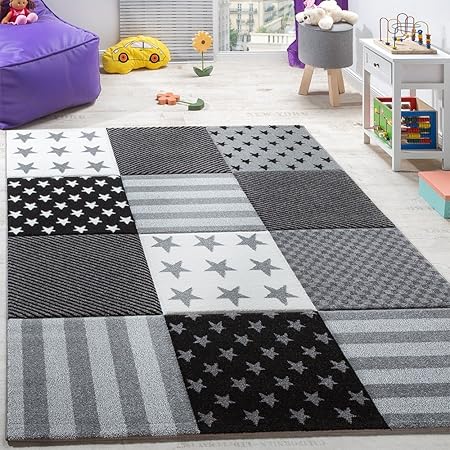 Paco Home Kinderteppich Sterne Muster Kurzflor Konturenschnitt Karo Design Grau Schwarz, Grösse:80x150 cm