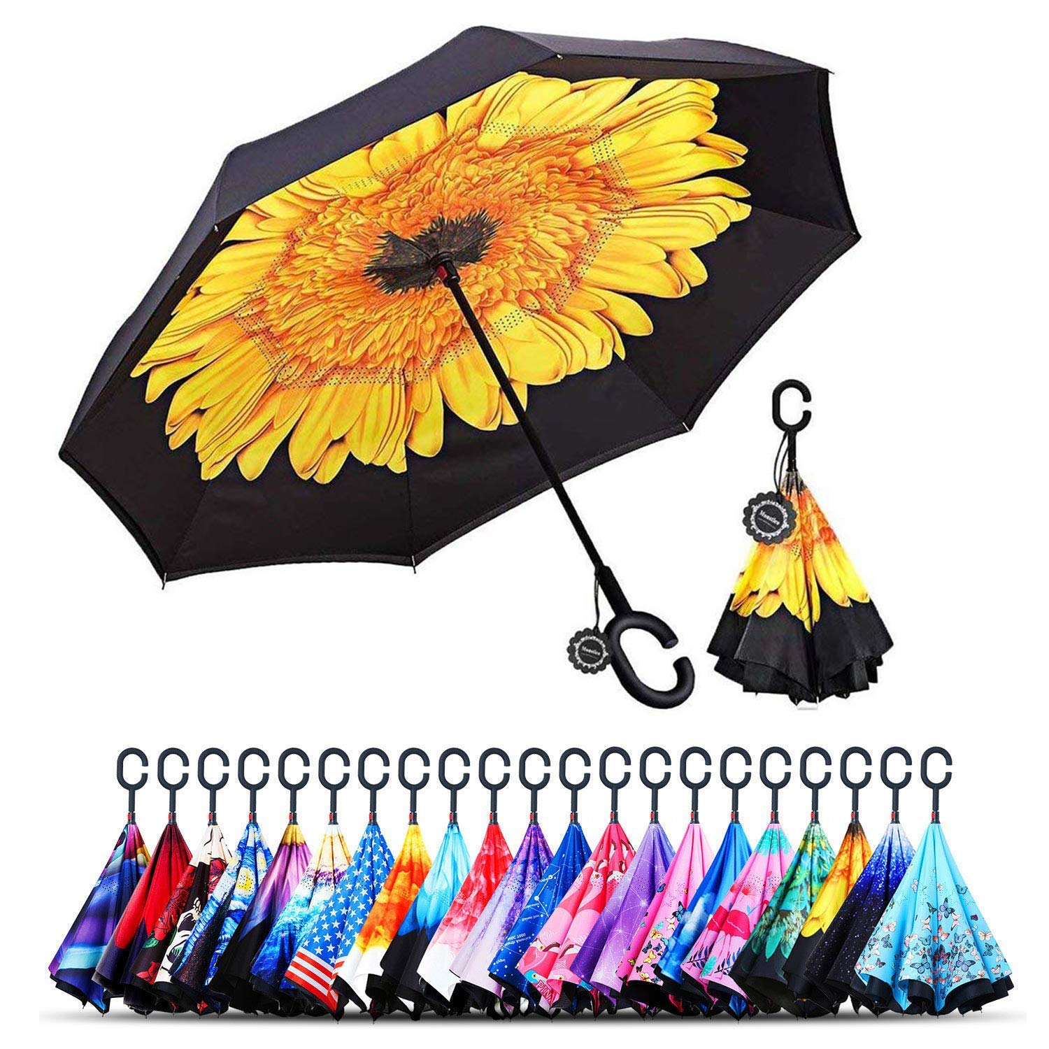 Monstleo Double Layer Inverted Umbrella Cars Reverse Umbrella, Windproof UV Protection Big Straight Umbrella for Car Rain Outdoor With C-Shaped Handle and Carrying Bag