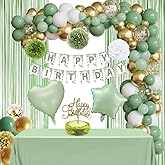 Sage Green Birthday Party Decorations,Olive Green Gold Balloon Garland,Tablecloth,Happy Birthday Banner,Tissue Pom Poms,Foil Backdrop,Cake Topper for Girls Women Her Boho Neutral Green Birthday Decor