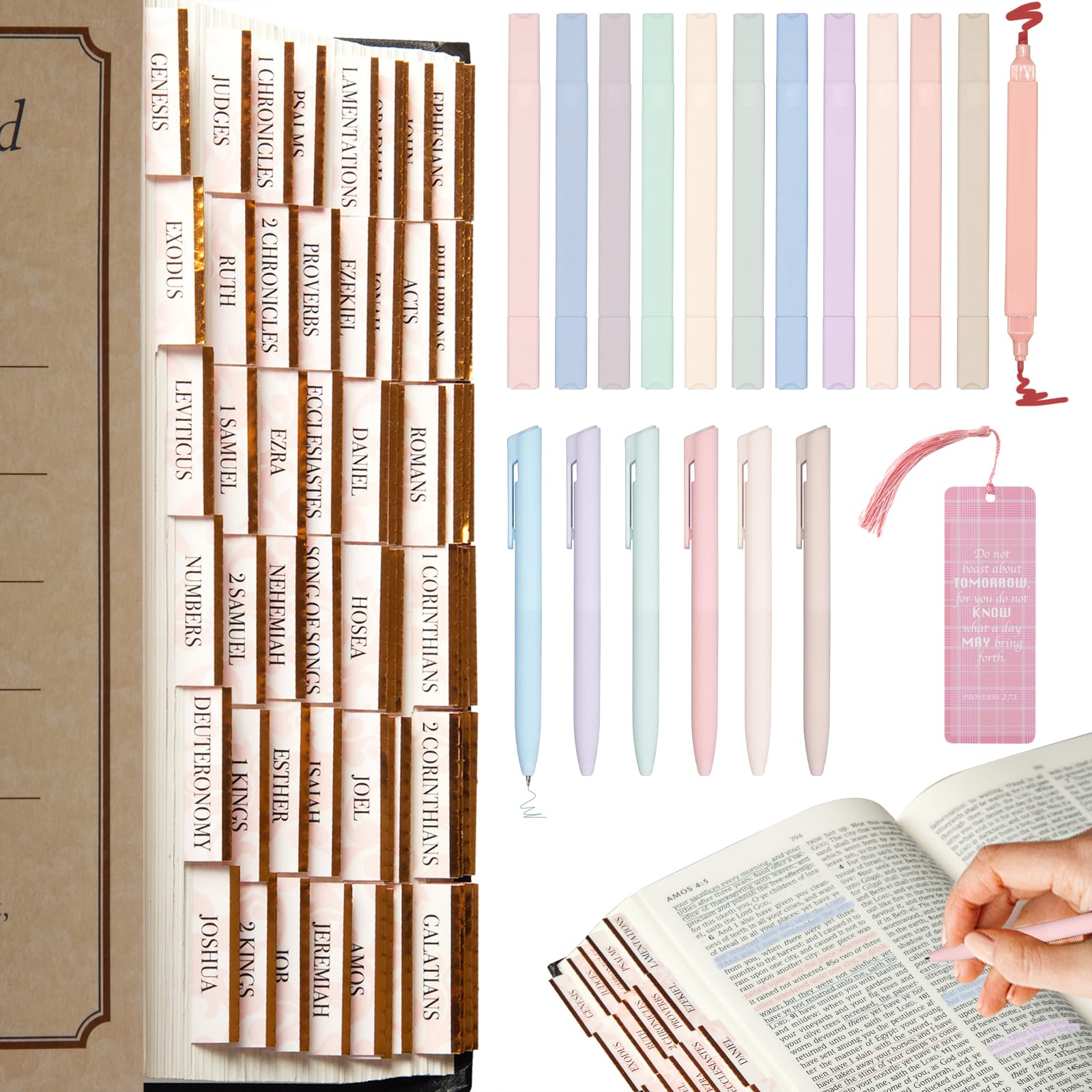 CANIPHA 12 Bible Highlighters No Bleeding and 6 Smooth Bible Pens with 96 Laminated Bible Tabs, Bible Study Supplies, Bible Marker Tabs for Women and Men