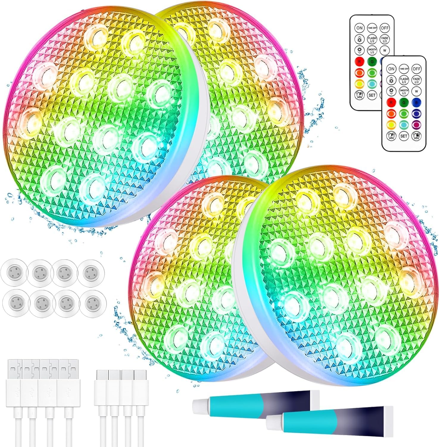 Photo 1 of Rechargeable Submersible Pool Lights with Remote (4pcs) - Underwater Led Light IP68 Waterproof,16 Color Changing Multicolor Floating Pool Lights with Magnets and Suction Cups for Pond Bathtub Pool