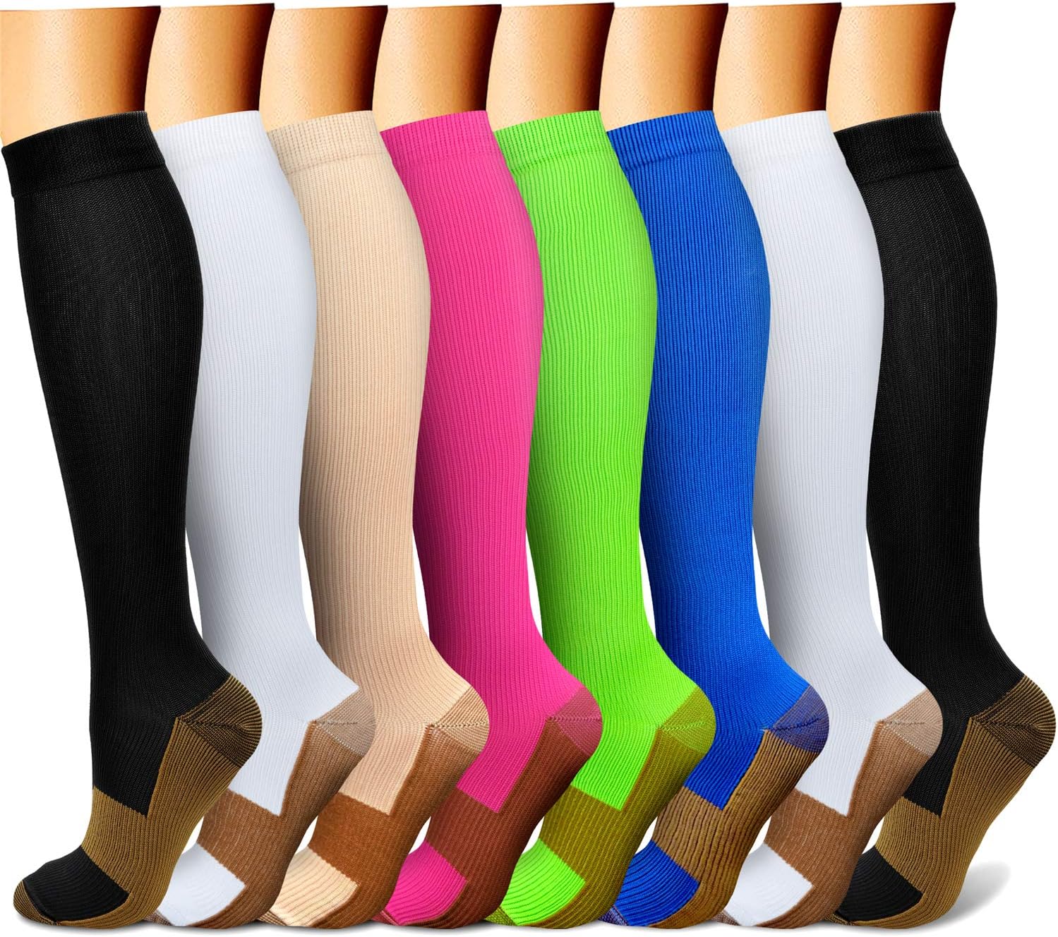 Copper Compression Socks(8 Pairs) for Men & Women 15-20 mmHg is Best Athletic & Daily for Running Flight Travel Climbing