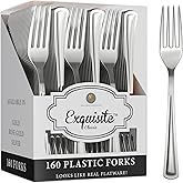 Exquisite Silver Plastic Forks Heavy Duty 160 Pieces Silver Plastic Silverware Heavy Duty Disposable Silverware Set, Disposable Forks Eating Utensils Sets Flatware Set For Parties