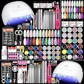 COSCELIA 58PCS Acrylic Nail Kit for Beginners with Everything Drill &amp; Light | Complete Nail Kit acrylic Set, 3 Colors Acrylics Powder, 24pcs Glitter Decoration, Professional Drill and U V Light