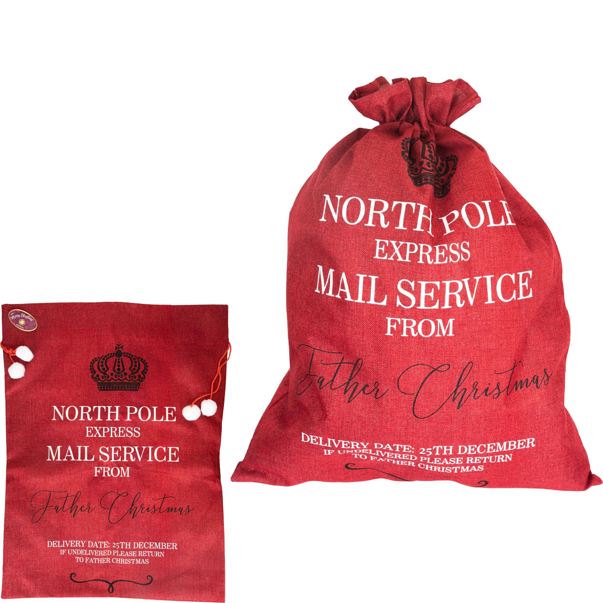 Extra Large Santa Sack 60x80 cm – Hessian Red North Pole Express Mail Service Stocking Gift Bag with Drawstring, Christmas Accessories