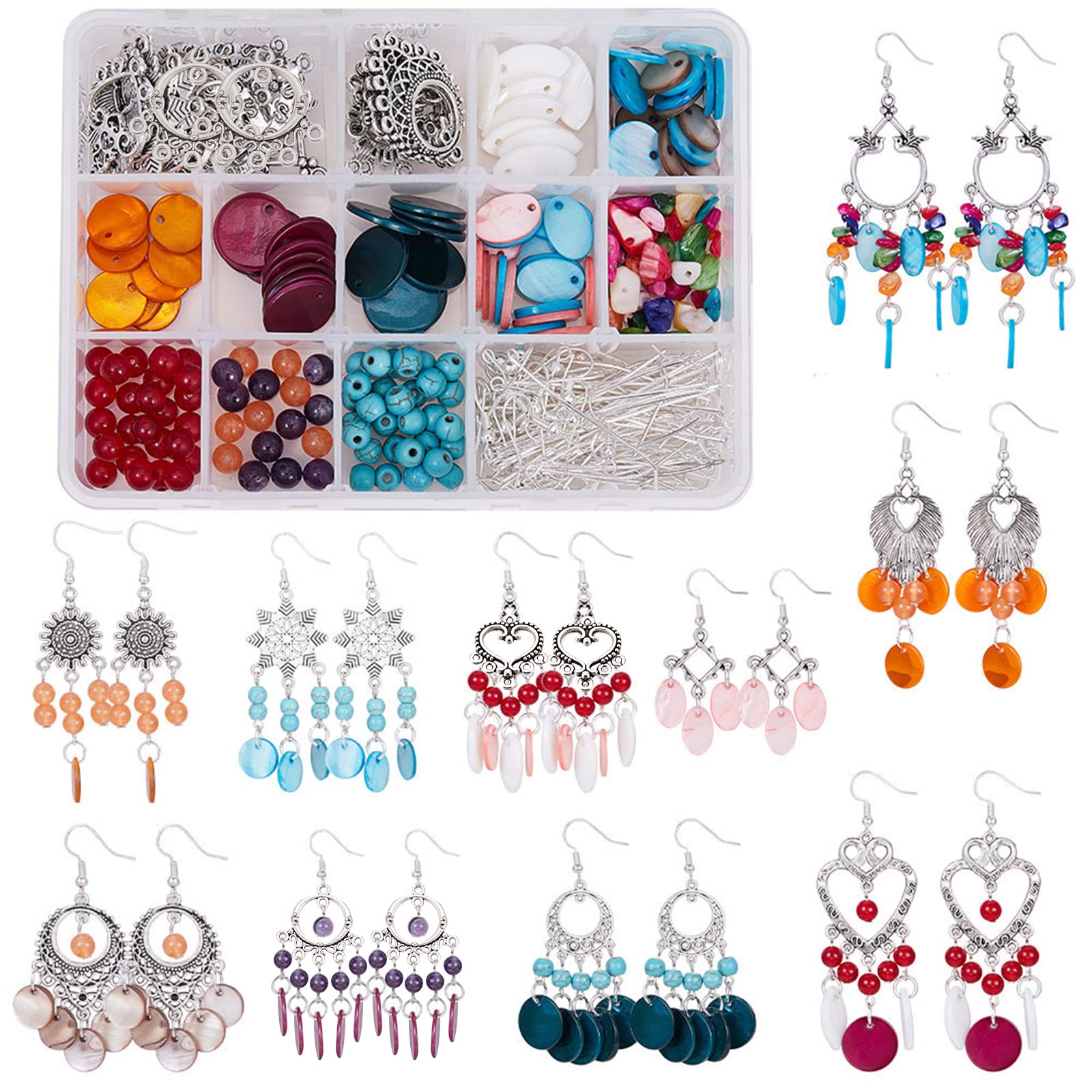 SUNNYCLUE 1 Box DIY 10 Pairs Bohemian Shell Earring Making Starter Kit with Chandelier Connector Charm Findings & Assorted Beads & Nickel Free Earring Hooks for Jewellery Making Supplies