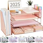 gianotter Desk Organizers and Accessories with File Holder, 4-Tier Desk Accessories & Workspace Organizers with Drawer and 2 Pen Holder, Paper Organizer for Office Supplies (Rose Gold)